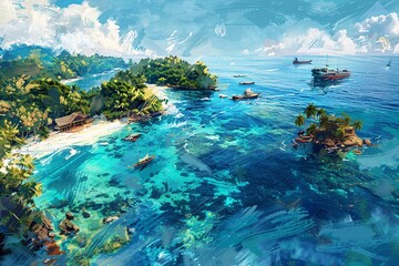 Aquatic Adventure Exploring the Ocean with Boats and Palm Trees Generative AI