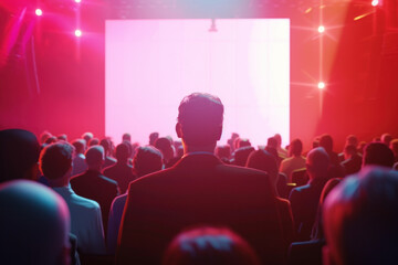Audience at a Conference Watching a Presentation on a Large Screen with Red Stage Lights