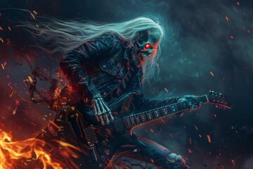 Skeleton Rockstar A Grim Reaper's Guitar Grip Generative AI - obrazy, fototapety, plakaty