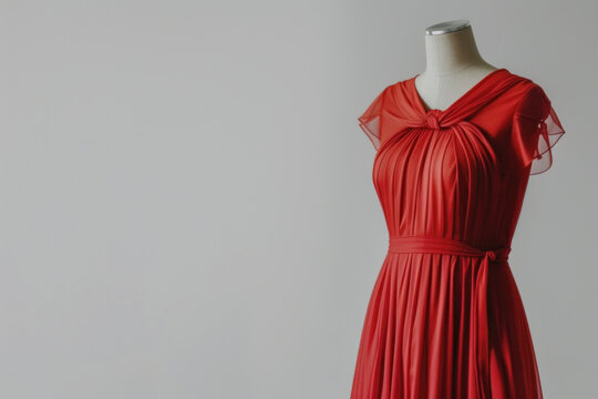 Elegant Red Dress with Draped Neckline on Mannequin against a Soft Neutral Background