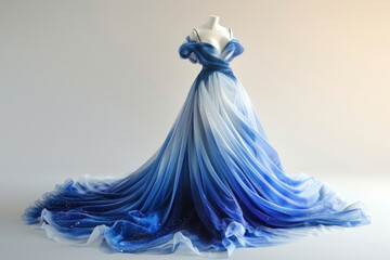Elegant Mannequin Displaying a Luxurious Blue Ombre Evening Gown with Flowing Train

