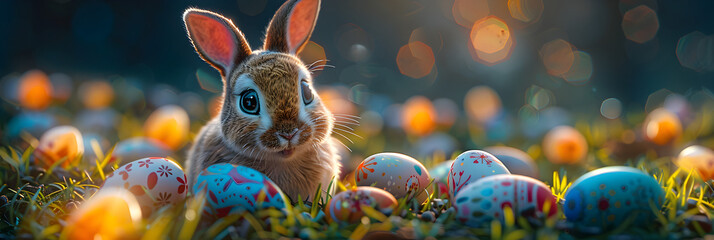 Easter bunny in the field among Easter eggs A small fluffy rabbit is looking for colored decorated eggs,  - obrazy, fototapety, plakaty