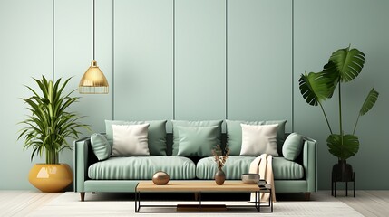 Green sofa and decor in living room on  background.3d rendering