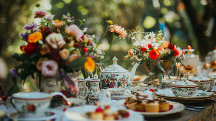 Obraz na płótnie Canvas A garden tea party wedding with floral centerpieces, vintage teacups, and an assortment of teas and pastries — Creation and Development, Success and Achievement, Love and Respect