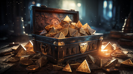 Ancient Treasure Chest Brimming with Golden Triangles - obrazy, fototapety, plakaty