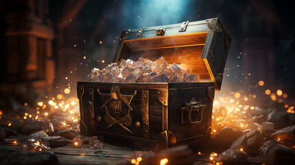 Magical Treasure Chest Filled with Glittering Gold Gems - obrazy, fototapety, plakaty