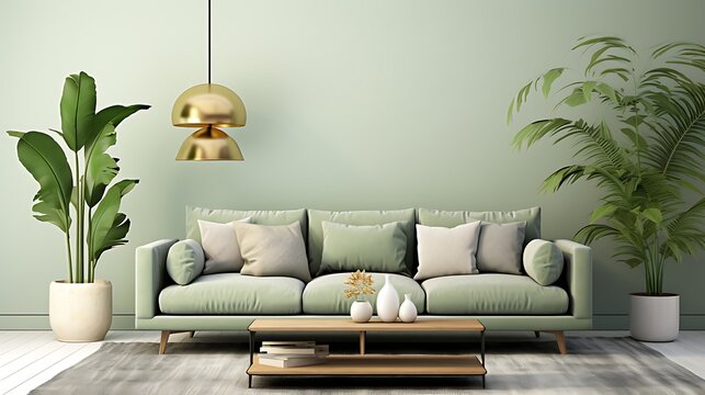 Green sofa and decor in living room on  background.3d rendering