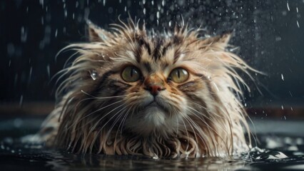 Wet Cat during a bath in the tub