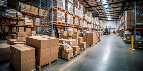 Modern Industrial Warehouse with Stacked Shelves, Empty Cardboard Boxes, and Shipping Equipment inside a Large Room
