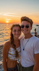 Boy and girl couple taking selfie on a beach standing