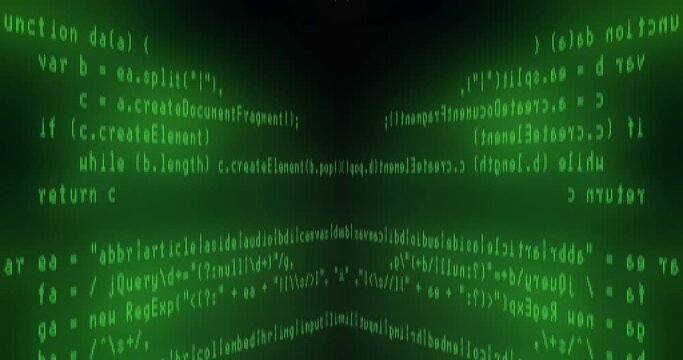 Abstract computer programming code running in a mirror virtual space. Movement of lines of green glowing text reflected in a black background