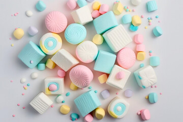 Colorful marshmallows on blue background. Flat lay or top view. Background or texture of colorful mini marshmallows. Generative AI