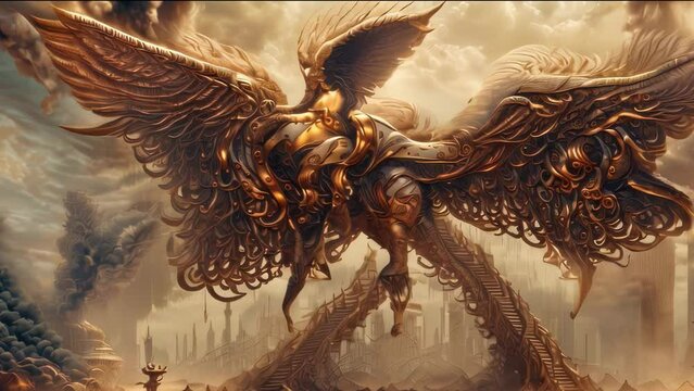 Video animation of majestic golden seraph hovers above an elaborate cityscape. The creature&rsquo;s intricate golden armor and expansive wings create an ethereal presence
