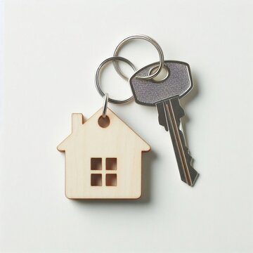 The image displays two wooden house keychains positioned on a clean, white background.