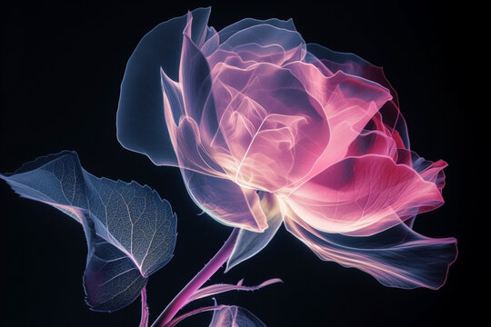 AI Generated Image. X-ray shot of the pink rose flower