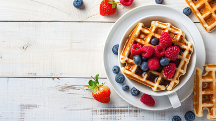 Home made waffles with berries and coffee on white