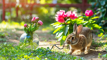 Home rabbit walking on a leash through a park wi - obrazy, fototapety, plakaty