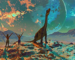 Holographic dinosaur exhibit on Pluto, visitors in yoga poses, blending past, future, and peace - obrazy, fototapety, plakaty