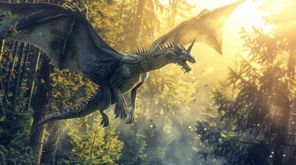 Mystical dragon soaring above ancient forests, unicorn in the glade below, magic in the air © AI Farm