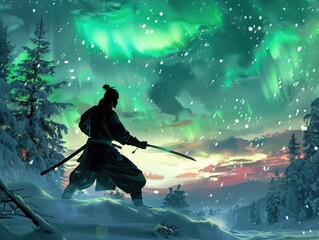 Ninja silhouette against the northern lights, stealthy stance in snow, blending tradition and nature