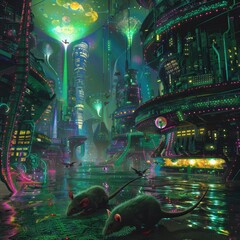 Plankton bloom under disco lights, cyber rats enjoying minestrone, a surreal cybernetic ecosystem