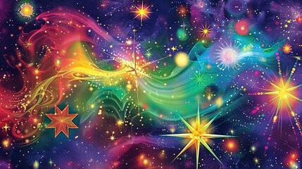 Fototapeta na wymiar Psychedelic 60s poster style, dreamy world with sparkling stars and vibrant colors