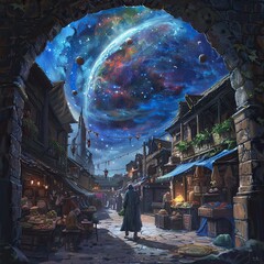 Quantum mirror portal opening amidst a medieval village, taco vendor unknowingly at the edge, fantasy meets reality - obrazy, fototapety, plakaty