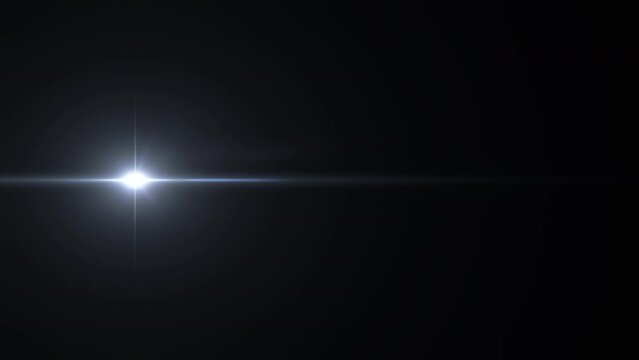 Abstract flickering white star optical lens flares moving from left to right side animation on black background. 4K seamless dynamic kinetic bright star illustration flash light rays effect