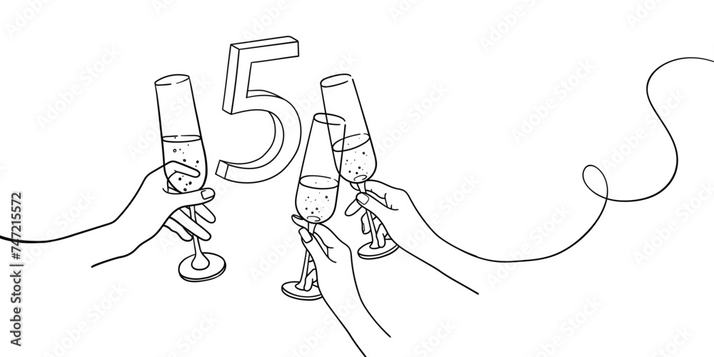 Poster Continuous line champagne cheers one line art, number 5 with glasses continuous drawing contour. Cheers toast festive decoration for holidays. Vector illustration	