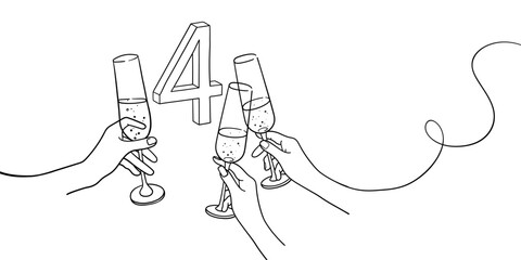 Continuous line champagne cheers one line art, number 4 with glasses continuous drawing contour. Cheers toast festive decoration for holidays. Vector illustration	