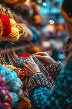 Generative AI illustration of shopper's hands are captured selecting through various colorful balls of wool at a vibrant craft market stall