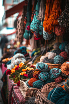Generative AI illustration of rich display of yarn balls in a market setting, with an array of textures and colors inviting creativity and craftsmanship