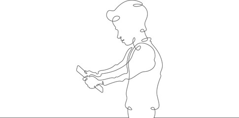 A child stands with a phone in his hand. A boy is talking on a smartphone. One continuous line . Line art. Minimal single line.White background. One line drawing.