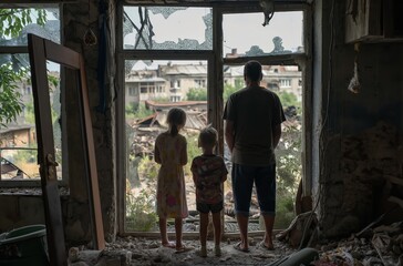 Family surveys post-conflict destruction