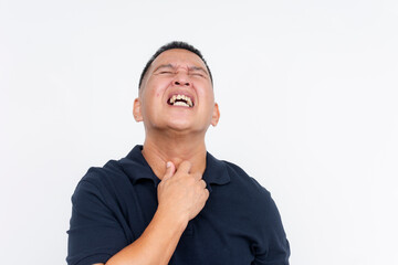 A distressed middle-aged man looking up and clutching his throat, conveying extreme thirst against an isolated white background.