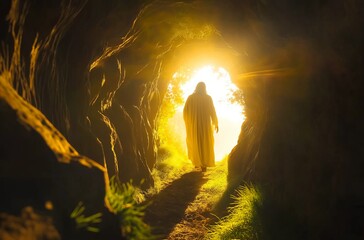 Figure of Jesus exiting cave into light
