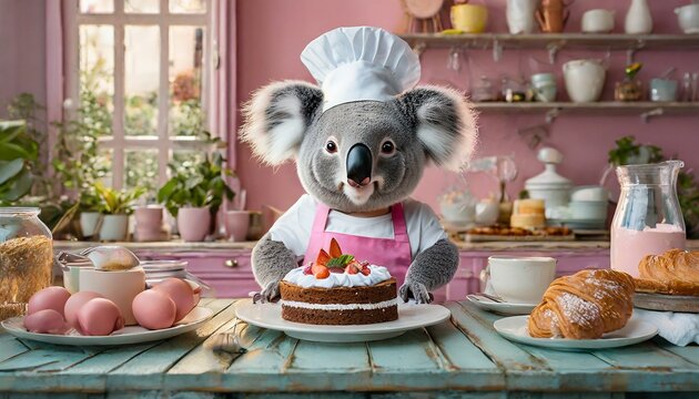 Koala bear bakes a cake in the kitchen