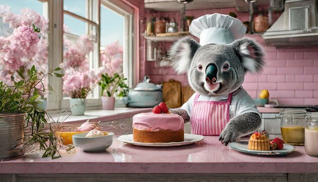Koala bear bakes a cake in the kitchen