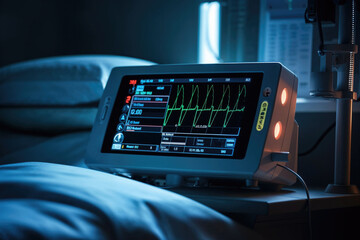 Vital signs monitor displaying heartbeat in hospital room. Generative AI image