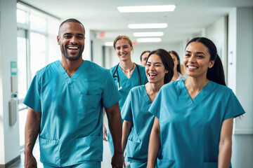 Medical team walking in hospital corridor with smiles. Generative AI image