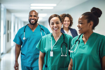 Smiling medical staff walking in hospital corridor. Generative AI image
