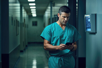 Focused healthcare professional using a smartphone in a hospital corridor. Generative AI image