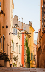 Corsica, Bastia view of Porto Vecchio old town, Corsica, France. Narrow street with typical french facades. - 747216584
