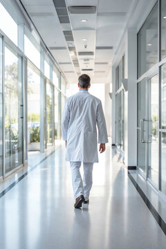 Healthcare professional pacing through hospital corridor. Generative AI image