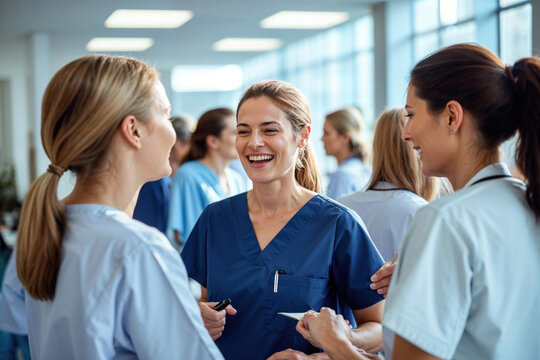 Cheerful medical team engaging in conversation. Generative AI image