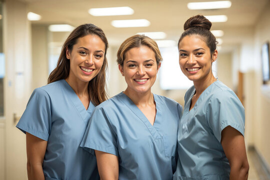 Smiling medical staff in hospital corridor. Generative AI image
