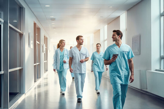 Medical staff walking through hospital corridor. Generative AI image