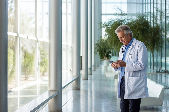 Mature doctor using smartphone in hospital corridor. Generative AI image