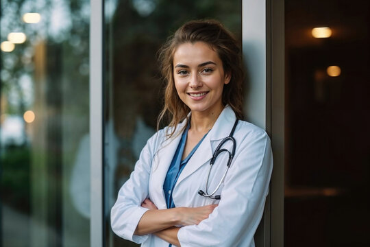 Confident female doctor smiling in a hospital setting. Generative AI image