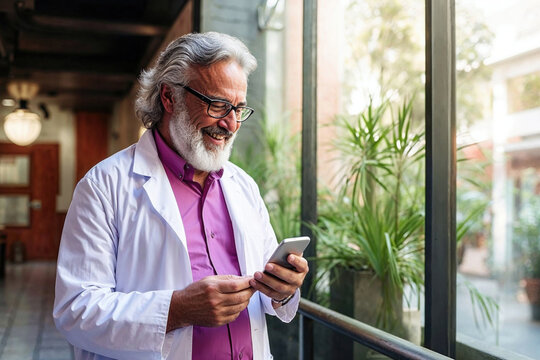 Mature doctor smiling while using smartphone in hospital. Generative AI image